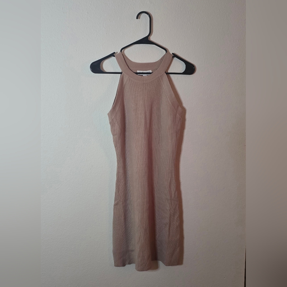 She + Sky Ribbed Knit Halter Mini Ribbed Bodycon Dress Taupe New Size Large